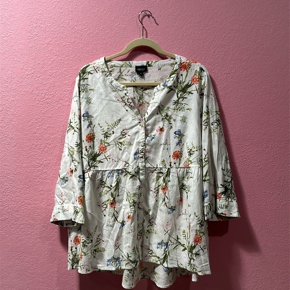 JONES & CO Women’s White 3/4 Sleeve Floral Blouse Size 1X